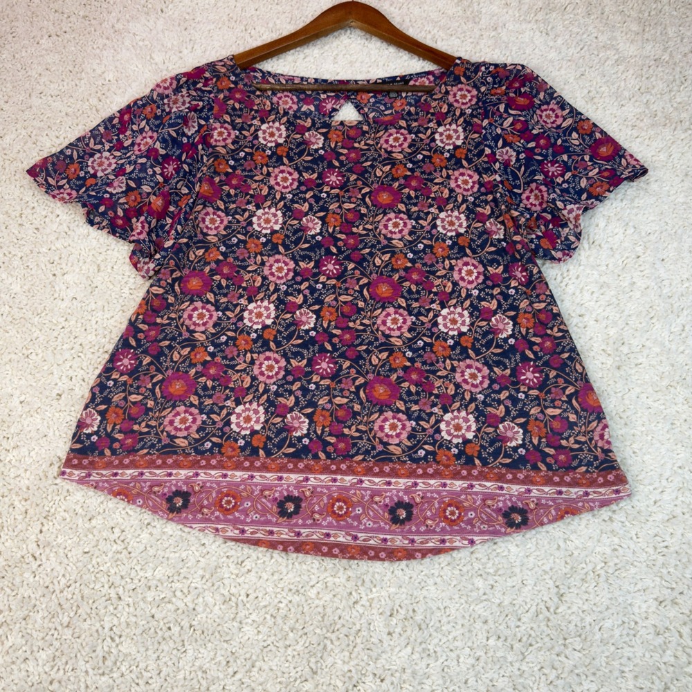 Lucky Brand Floral Top Womens Large Blue Pink Boho Flutter Sleeve 7WP6849
